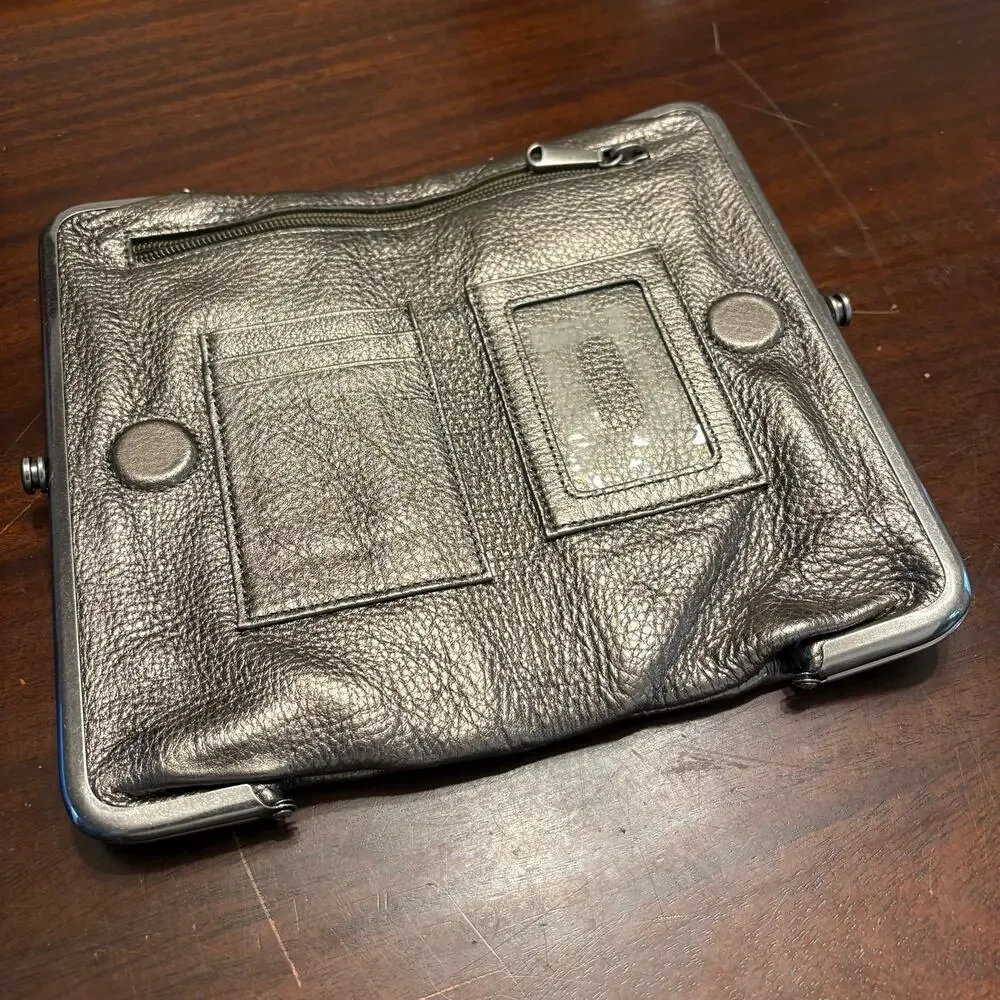 HOBO Lauren Leather Clutch Wallet Pewter Gray Metallic Double Kiss Lock Studded
